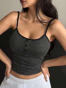 DAZY Striped Fake Collar Padded Cami Top Crop Women Tops - Black - View 4