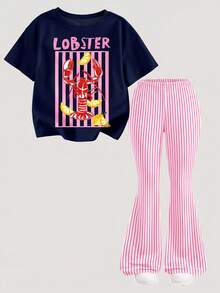 Mom And Me, Vintage Vacation Style Lobster Outfit, Seafood Theme, Navy Blue & Pink White Color Block, Lobster Design, Beach Fun Summer Dream, Young Girl Casual Minimalist Cartoon Pattern Round Neck Short Sleeve Top & Flare Pants 2PCS Set, Suitable For Summer - Multicolor - View 3