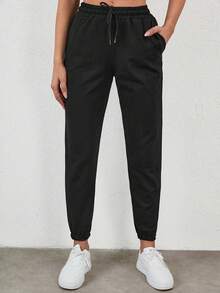 EURMUSE Drawstring Waist Slant Pocket Joggers - Black - View 6