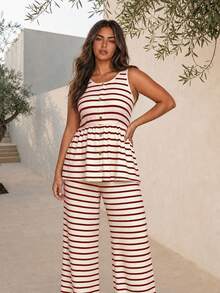 ELLERISSA BUTTON UP TANK & TROUSERS LOUNGE CO-ORD - Red and White - View 5