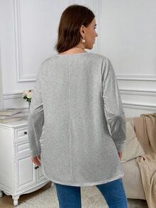 Firerie Plus Size Elegant Casual Loose Swing Long Sleeve Round Neck Solid Basic Tee, Suitable For Stay-At-Home Or Going Out Fall - Grey - View 5