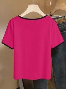 GlowEve CURVE Plus Size Casual Elastic Short Sleeve Contrast Color T-Shirt, Suitable For Spring/Summer Commute And Daily Wear - Multicolor - View 2