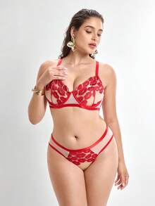 Slumbrini Women's Burgundy Semi-Sheer Mesh Patchwork Embroidered Lace Sexy Underwear Set With Underwire Bra And Low-Waist Panties Red - Burgundy - View 6