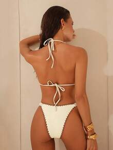 Swim Chiccia Elegant Floral Contrast Color Triangle Bikini Set With Halter Neck & Spaghetti Strap - White - View 2