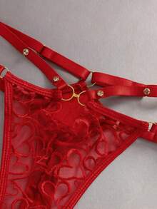 EmpressEnvy 女款愛心刺繡拼接金屬扣寶石鉚釘T-Back內褲 - 紅色 - 查看 5