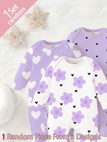 SHEIN 【随机3套，送1套】可爱爱心印花、艺术花卉印花、紫色波点印花，新生儿连体衣，舒适便捷，春夏柔软休闲睡衣套装，让宝宝看起来可爱活泼，面料柔软舒适。 - 彩色 - 查看 3