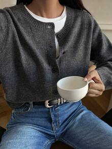 DAZY Cardigan Rajut Wanita Warna Polos Longgar Leher Bulat Lengan Panjang Kasual Streetwear untuk Liburan Musim Semi Musim Gugur - Grey - View 1