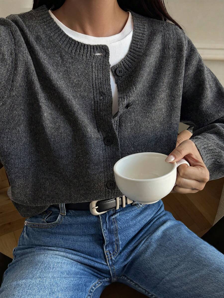 DAZY Cardigan Rajut Wanita Warna Polos Longgar Leher Bulat Lengan Panjang Kasual Streetwear untuk Liburan Musim Semi Musim Gugur - Grey - View 1