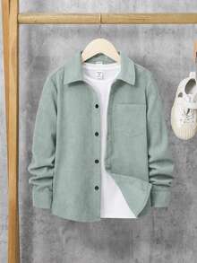 SHEIN Little Byeori 青少年男孩休閒寬鬆開襟純色長袖襯衫，休閒穿搭 - 墨綠色 - 查看 6