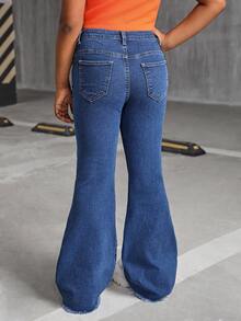SHEIN Jeans acampanados de mezclilla con patrón de corazón Y2K desgastado para niña preadolescente, vuelta al colegio en otoño - Azul lavado medio - Ver 2