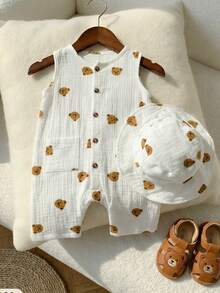 SHEIN Playful Pals 2件/組 嬰兒男童中性熊圖案無袖連身衣附帽子 棕色與白色圓點 夏季休閒可愛度假款 純棉新生兒幼童服飾 - 彩色 - 查看 11