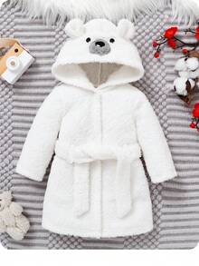 SHEIN Newborn Baby Cute Bear Embroidered 3D Ear Thick Hooded Waist Robe Autumn - White - View 2