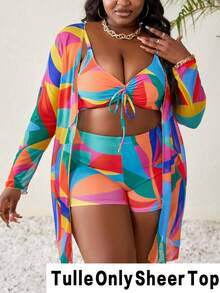 Slaydiva Plus Size Women Random Floral Print Knit Beach Vacation Long Mesh Kimono For Summer - Multicolor - View 4