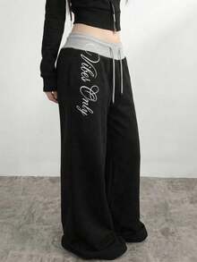 SHEIN 青少年女孩拼接腰部白色字母刺繡寬腿長褲 - 彩色 - 查看 2