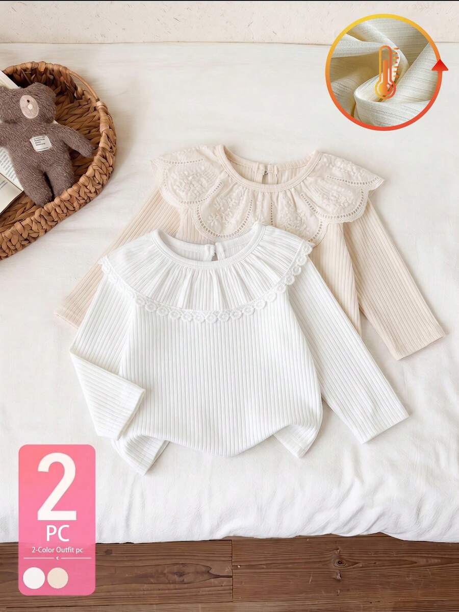 SHEIN Vintaside Kids 2件組女嬰春秋米色/奶油色/白色軟綿甜美風薄款羅紋針織長袖上衣,鏤空刺繡彼得潘領/花朵蕾絲飾邊領,2款純色打底衫,適合校園穿搭、旅行拍照、日常百搭、生日穿搭,可搭配背心裙/吊帶褲,內搭上衣 - 彩色 - 查看 1