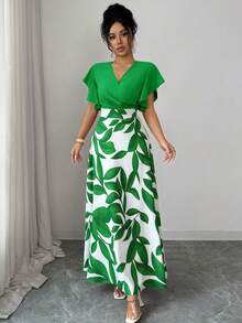 Elenzga Women's Elegant Burgundy Red Leaf Pattern Ruched Cap Sleeve Fitted Flared Dress, Spring/Summer - Green - View 4