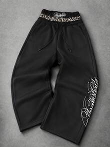 INCRYTM Men's Leopard Print Patchwork Letter Print Sweatpants - Black - View 3