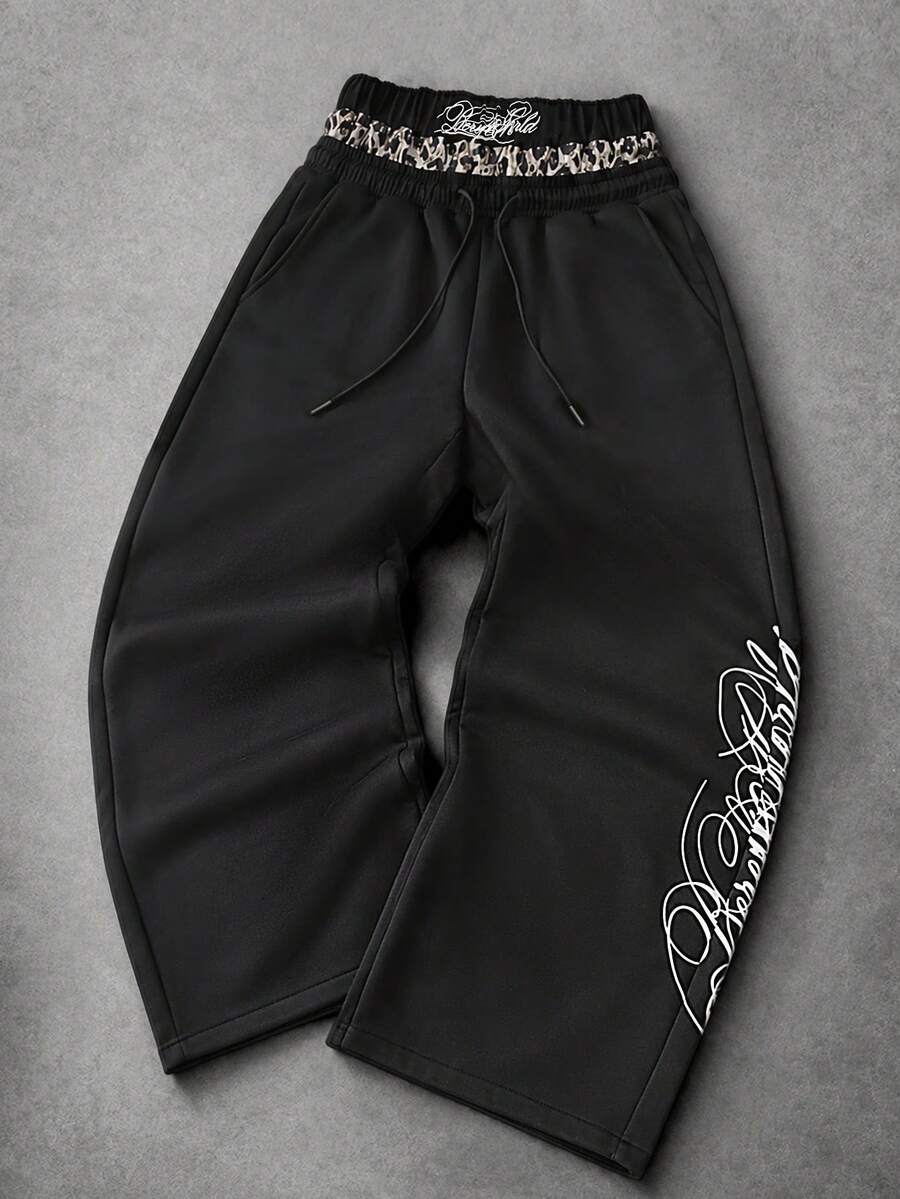 INCRYTM Men's Leopard Print Patchwork Letter Print Sweatpants - Black - View 1