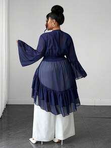 Maweii Plus Size Women's Solid Color Pleated Casual Versatile Daily Wear Shirt Fall - Navy Blue - View 3