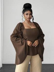 Maweii Plus Size Women's Solid Color Square Neck Casual Everyday Blouse Fall - Brown - View 5