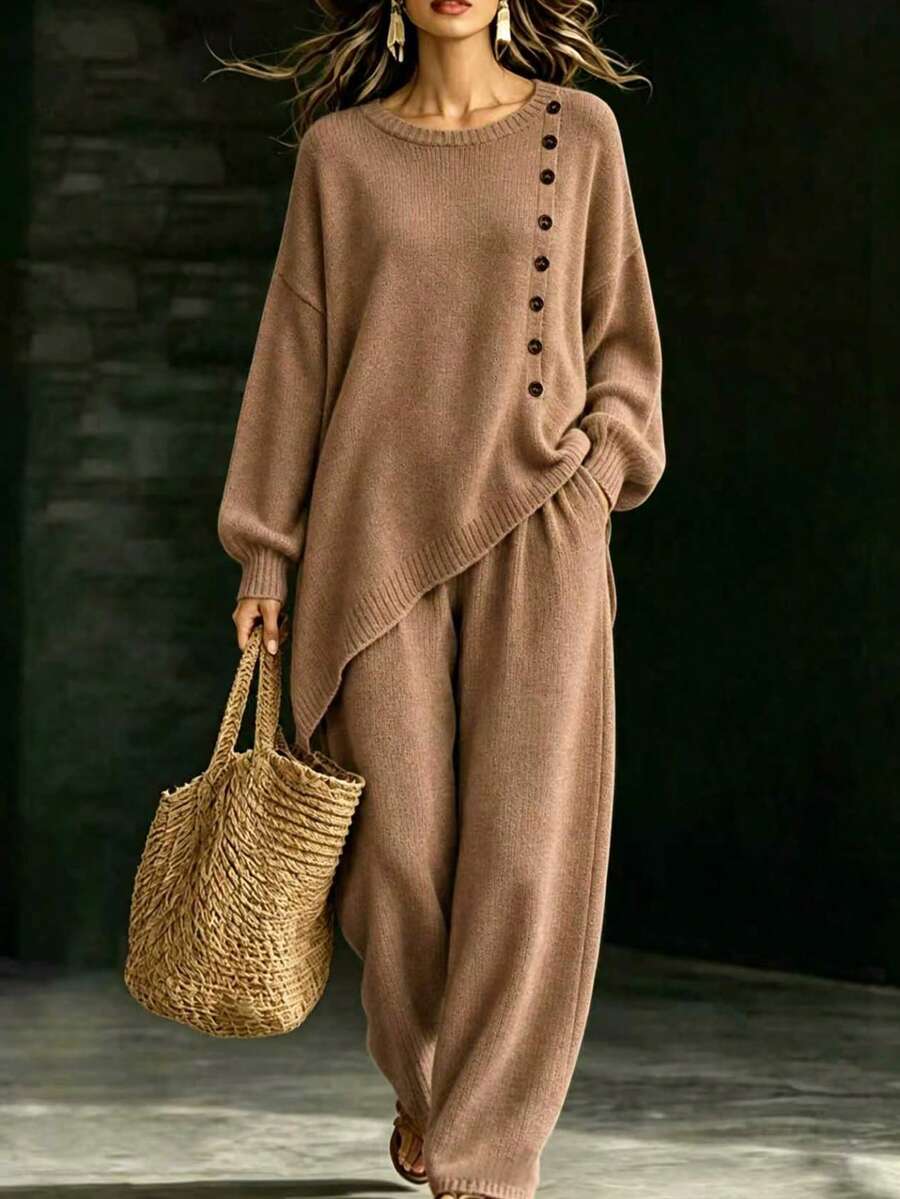 LUMIGAL Women's Solid Color Button Design Dropped Shoulder Long Sleeve Asymmetrical Hem Sweater And Knitted Pants Casual 2-Piece Set