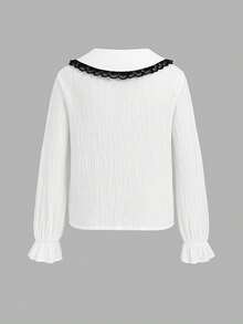 SHEIN 少女蕾絲飾邊休閒百搭日常長袖襯衫 - 白色 - 查看 2