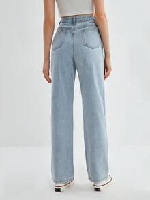 ROMWE Solid Straight Leg Jeans, School - Light Wash - View 2