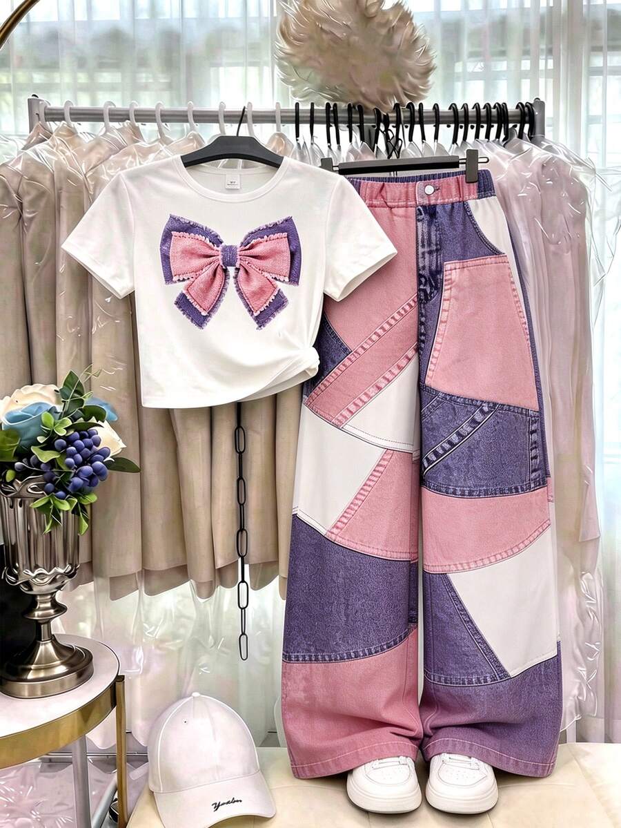 SHEIN 青少年女孩白色上衣T恤2件套,休閒針織修身款,開學季復古Y2K蝴蝶結秋季女童套裝 - 彩色 - 查看 1