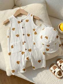 SHEIN Playful Pals 2件/組 嬰兒男童中性熊圖案無袖連身衣附帽子 棕色與白色圓點 夏季休閒可愛度假款 純棉新生兒幼童服飾 - 彩色 - 查看 1