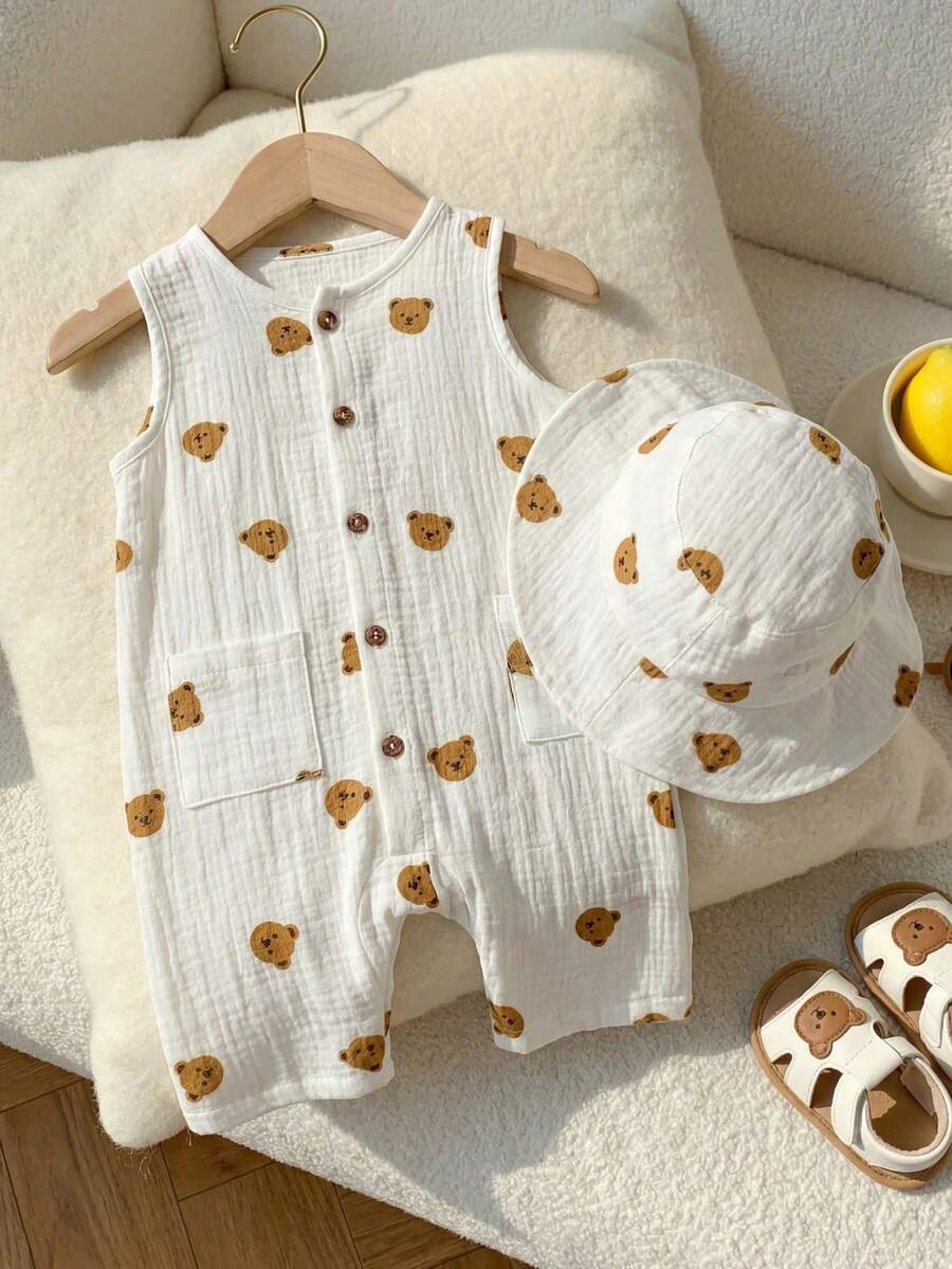 SHEIN Playful Pals 2件/組 嬰兒男童中性熊圖案無袖連身衣附帽子 棕色與白色圓點 夏季休閒可愛度假款 純棉新生兒幼童服飾 - 彩色 - 查看 1