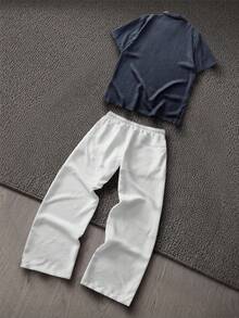 Manfinity VCAY Men's Solid Color Short Sleeve Polo Shirt And Drawstring Waist Long Pants Casual Set - Black and White - View 3