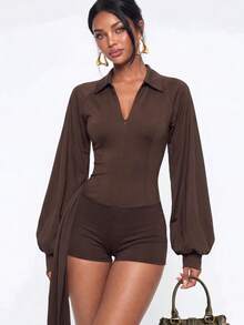 Avantive Women's Solid Color Lantern Sleeve Zipper Placket Ruched Jumpsuit - Brown - View 4
