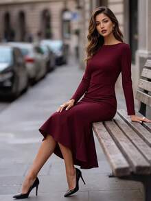Editum Women's Elegant Commute Office Solid Color Mermaid Mid-Length Dress Burgundy Autumn Halloween New Year Party - Red Violet - View 7
