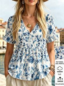 Linhara Plus Size Allover Printed Summer Slimming Ruffle Trim Blouse , Holiday Summer Vacation Top - Blue and White - View 1