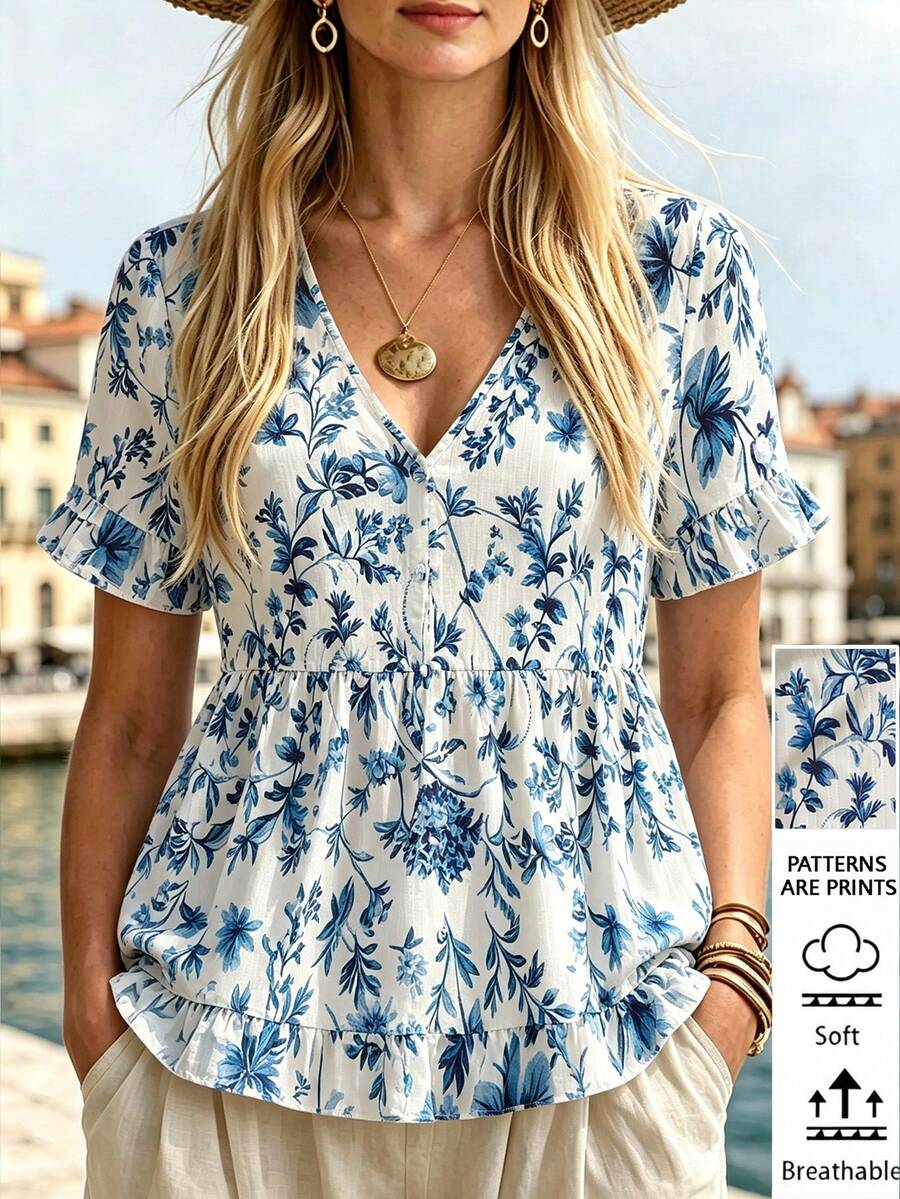 Linhara Plus Size Allover Printed Summer Slimming Ruffle Trim Blouse , Holiday Summer Vacation Top - Blue and White - View 1