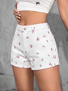 SHEIN EZwear 女款夏季休閒碎花牛仔短褲 - 白色 - 查看 4