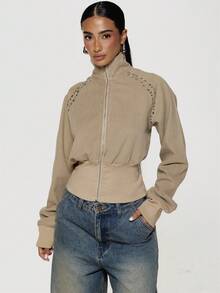 MUSERA Studded Funnel Neck Cropped Jacket With Cinched Ribbed Waist Boho, Sexy, Autumn, Festival, Girly, Studs & Suede - Khaki - View 2