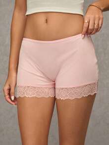 Esseday Pink High Elastic Lace Patchwork Casual Daily Minimalist Comfortable Women's Safety Pants - Pink - View 3