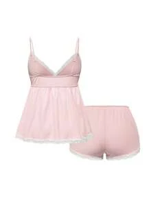 ROMWE Conjunto de pijama casual de camiseta de tirantes acanalada y pantalones cortos con encaje para mujer - Rosa - Ver 2