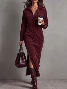 EMERY ROSE Lady's Fine-Woven Elegant Autumn Long Dress - Purple - View 1