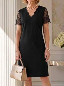 EMERY ROSE Middle-Aged Women Lace Patchwork Casual Daily Summer Dress - Black - View 3
