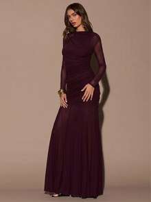 SHEIN BAE Damen Herbst Rundhals gerafftes Langarm figurbetontes Volles-Rock-Venus-Kleid, elegantes Abendkleid, Hochzeitskleid, Cocktailkleid, elegantes Kleid, Langarmkleid - Bordeaux - Übersicht 3