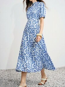 Aveloria Modichic Delicate Pleated Craftsmanship Random Spring/Summer Botanical Print Stand Collar Puff Sleeve Belt Waist A-Line Mid-Length Dress White And Blue - Blue - View 3