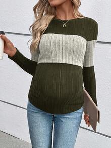 SHEIN Maternity Casual Colorblock Spring/Autumn Long Sleeve Round Neck Nursing Top Long Maternity T-Shirt Fall - Army Green - View 3