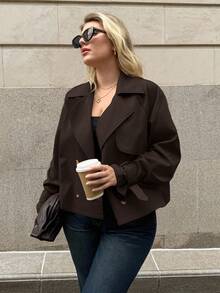 Auralis 大尺碼女款秋冬時尚休閒寬鬆舒適日常基本百搭經典深棕色短款防風夾克外套，秋季穿搭，簡約風格，冬季大衣，老錢風 - 棕色 - 查看 6