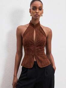 ATUI Studio Women's Brown Halter Neck Top With Buttons – Stretchy Fitted Blouse, Everyday Essential For Fall, Daily & Work - Coffee Brown - View 1