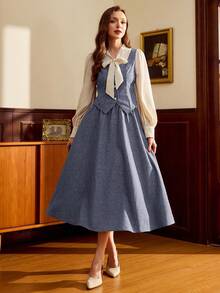 Vintamour Vintage Classic Elegant Preppy Women's 2 In 1 Set, Autumn/Winter, Flutter Collar, 2 In 1, Long Sleeve, Coffee Brown - Dusty Blue - View 7