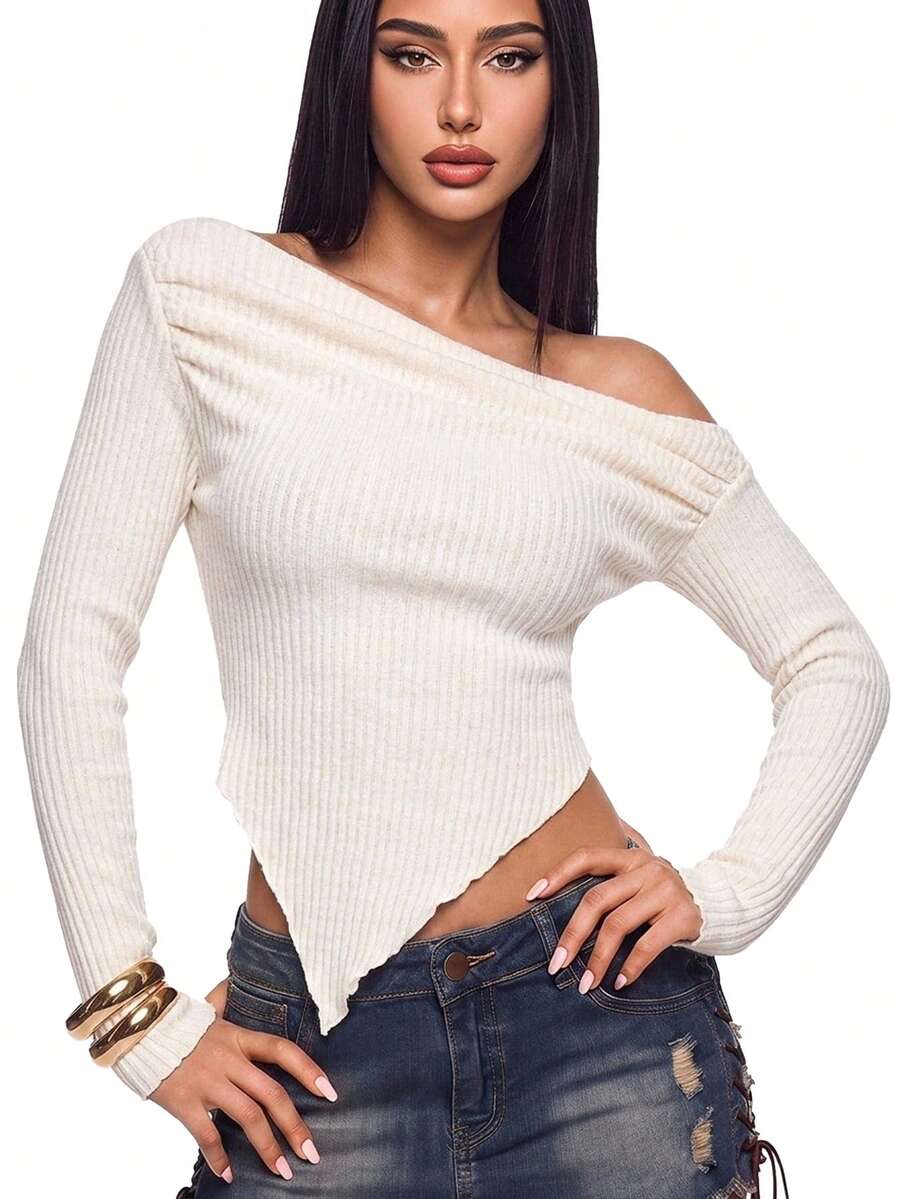 SHEIN ICON Y2K Grunge 不对称领口莴苣边 T 恤 - 米色 - 查看 1