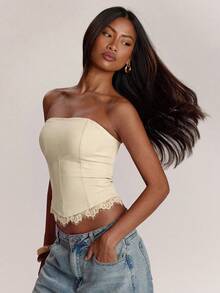 SHEIN BAE Women's Solid Color Lace Patchwork Bandeau Top - Apricot - View 5