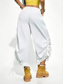 Gowayae Gowayae Women's New Fashion Solid Color Ruffle Side Drawstring White Loose Long Pants Autumn Fashion Streetwear Casual Millennium Soft Girl Gen Z Sportswear - White - View 2